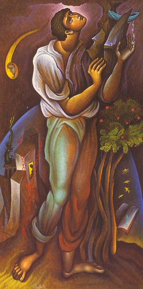 BLUE BOAT. EGG TEMPERA ON BOARD, 1999, 40X80 CM.  αντίγραφο