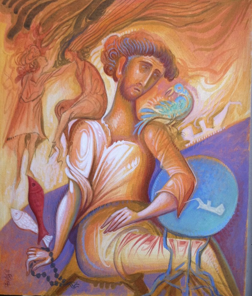 HE WAS DREAMING OF TRAVELS. SILICATE PAINTS ON BOARD, 25X30 CM. 2012,
